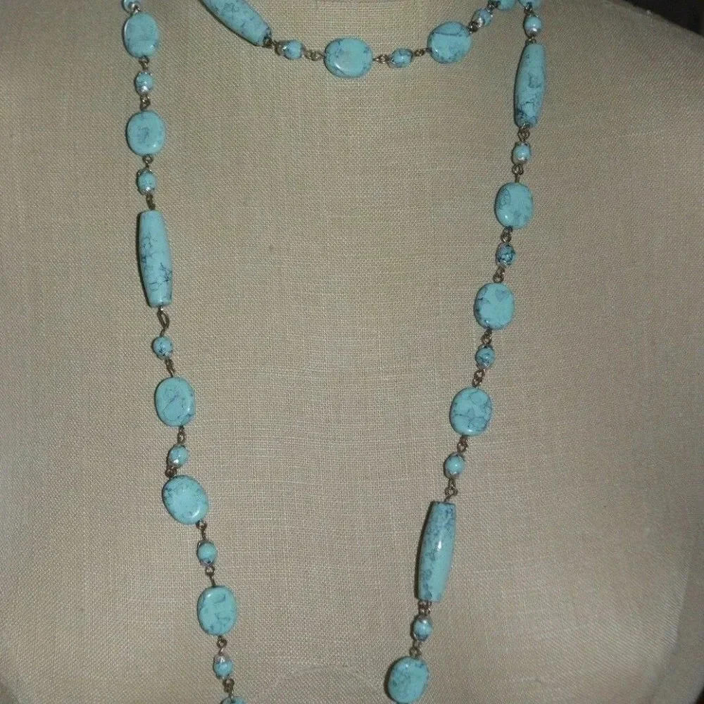 Faux Turquoise Acrylic Bead Long Dangle Necklace - Picture 2 of 4